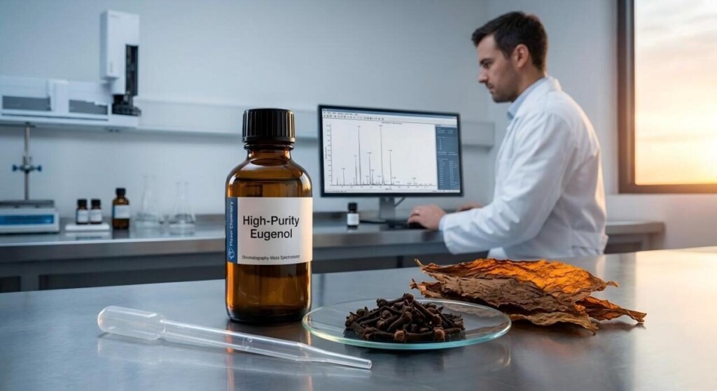 A professional flavor chemistry laboratory setting showing high-purity eugenol extraction and GC-MS analysis for spiced tobacco.