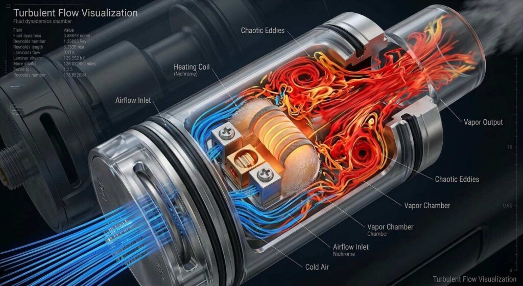 A high-tech 3D simulation showing the transition from smooth laminar airflow to chaotic turbulent eddies within a heating coil chamber.