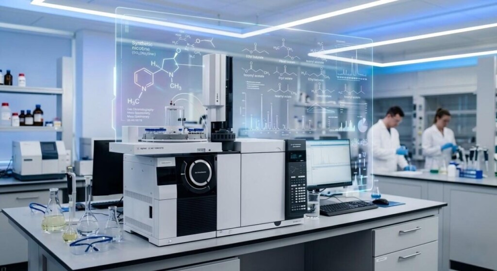 A high-tech laboratory setting showcasing advanced Gas Chromatography-Mass Spectrometry (GC-MS) equipment used for precise synthetic nicotine and flavor ester analysis.