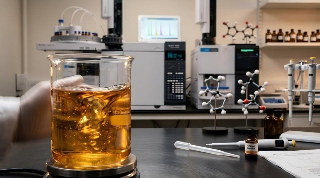 A high-tech laboratory setting featuring a beaker of golden liquid and chromatography equipment, highlighting precision in flavor development.