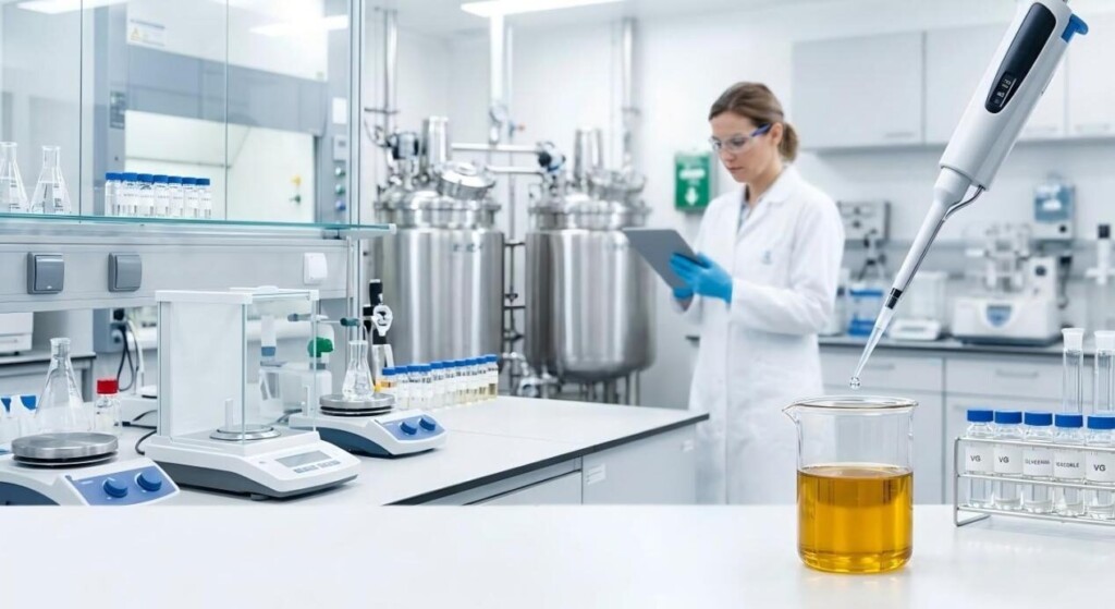 A sophisticated wide-angle shot of a state-of-the-art laboratory showing a high-precision pipette dispensing ultra-pure water into golden vegetable glycerin.