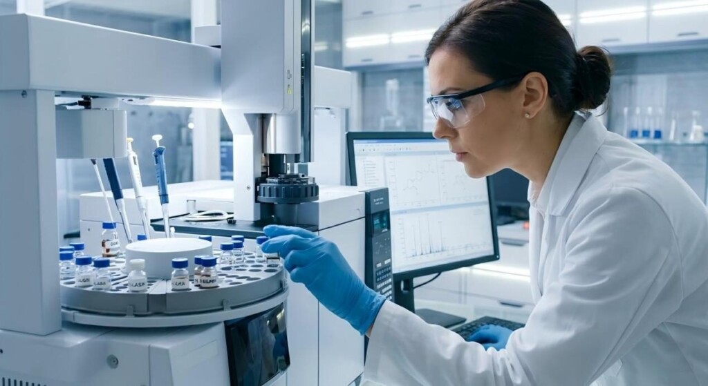 A professional scientist in a modern laboratory intently monitoring a GC-MS machine for precise chemical analysis.