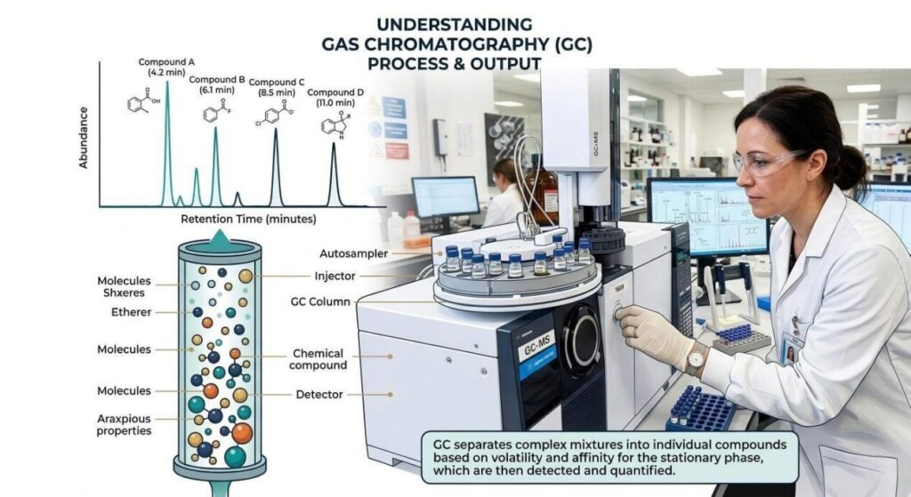 An educational infographic illustrating the molecular separation process and the resulting chromatogram with retention time peaks.