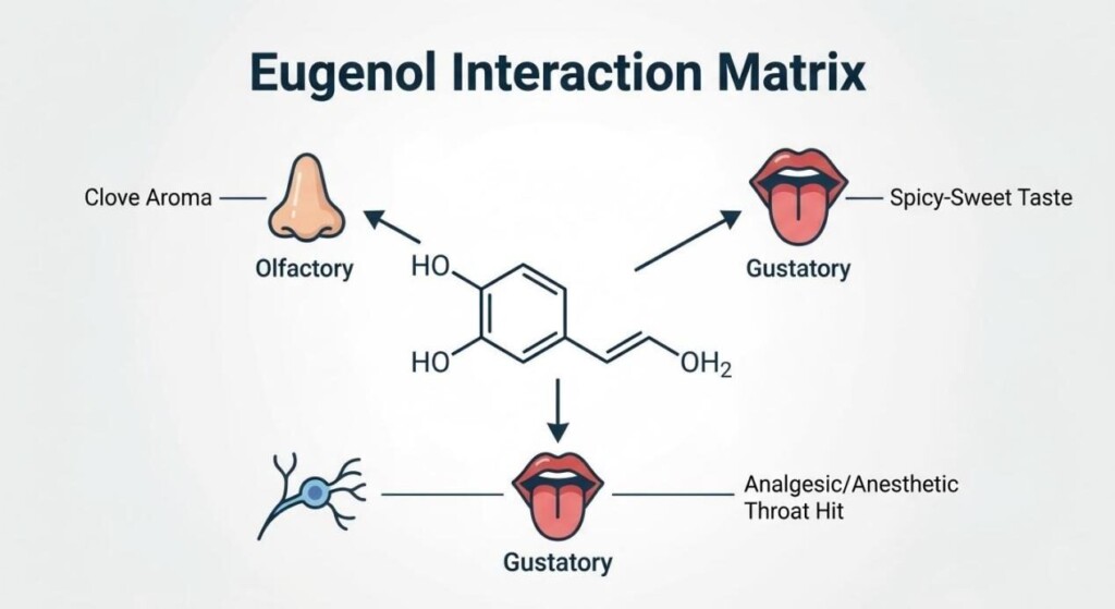 A technical vector diagram illustrating how the eugenol molecule interacts with olfactory, gustatory, and somatosensory systems.