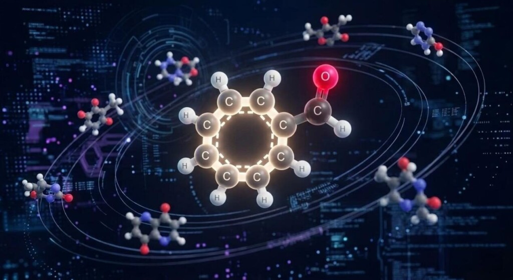 A high-tech 3D visualization of the Benzaldehyde molecule (C7H6O) interacting with Ethyl Maltol and Acetyl Pyrazine to demonstrate flavor layering.