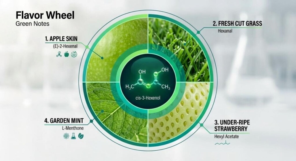 A technical infographic displaying a circular "Flavor Wheel" focused on Green Notes. It features a 3D Hexenol molecule at the center with segmented wedges for Apple Skin, Fresh Cut Grass, Under-ripe Strawberry, and Garden Mint, each with chemical sub-notations.