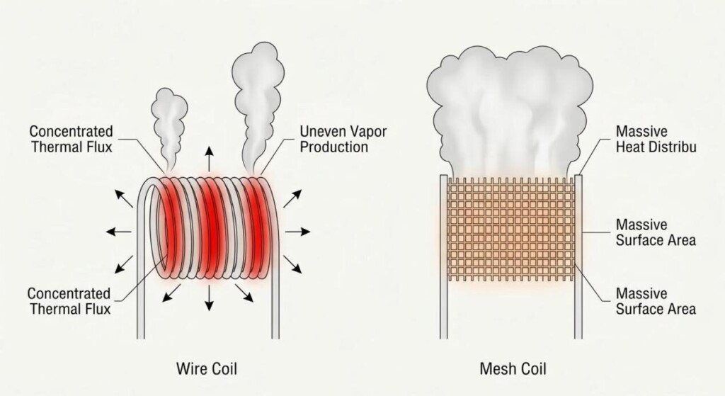 A technical schematic comparing heat distribution and vapor production between traditional wire coils and modern mesh grids.