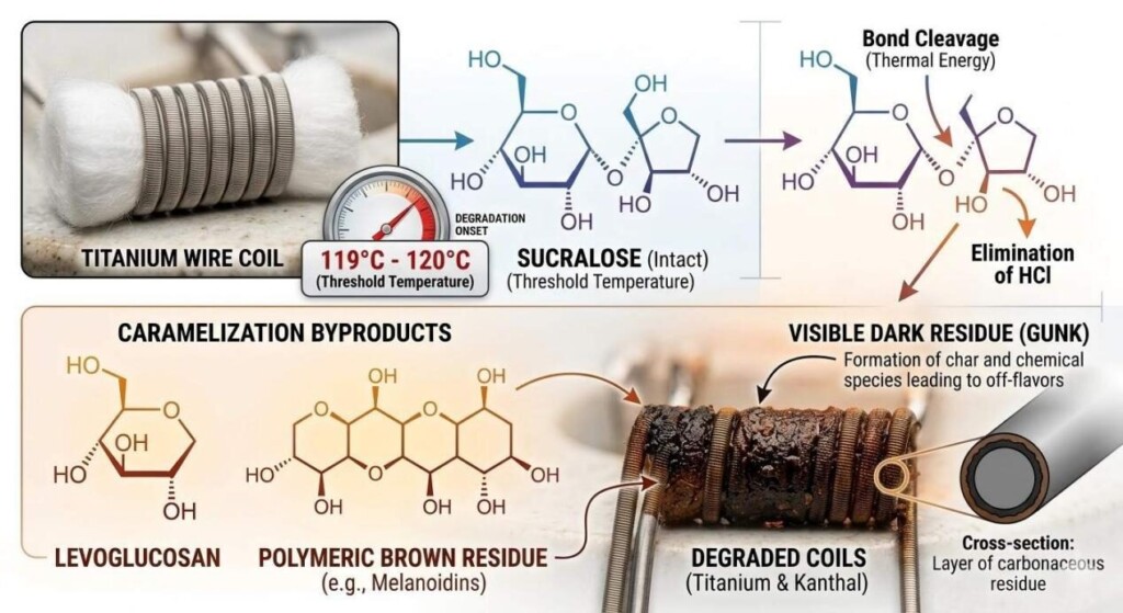 An educational diagram illustrating the chemical decomposition of sucralose at 120掳C, leading to levoglucosan and carbon residue on heating wires.