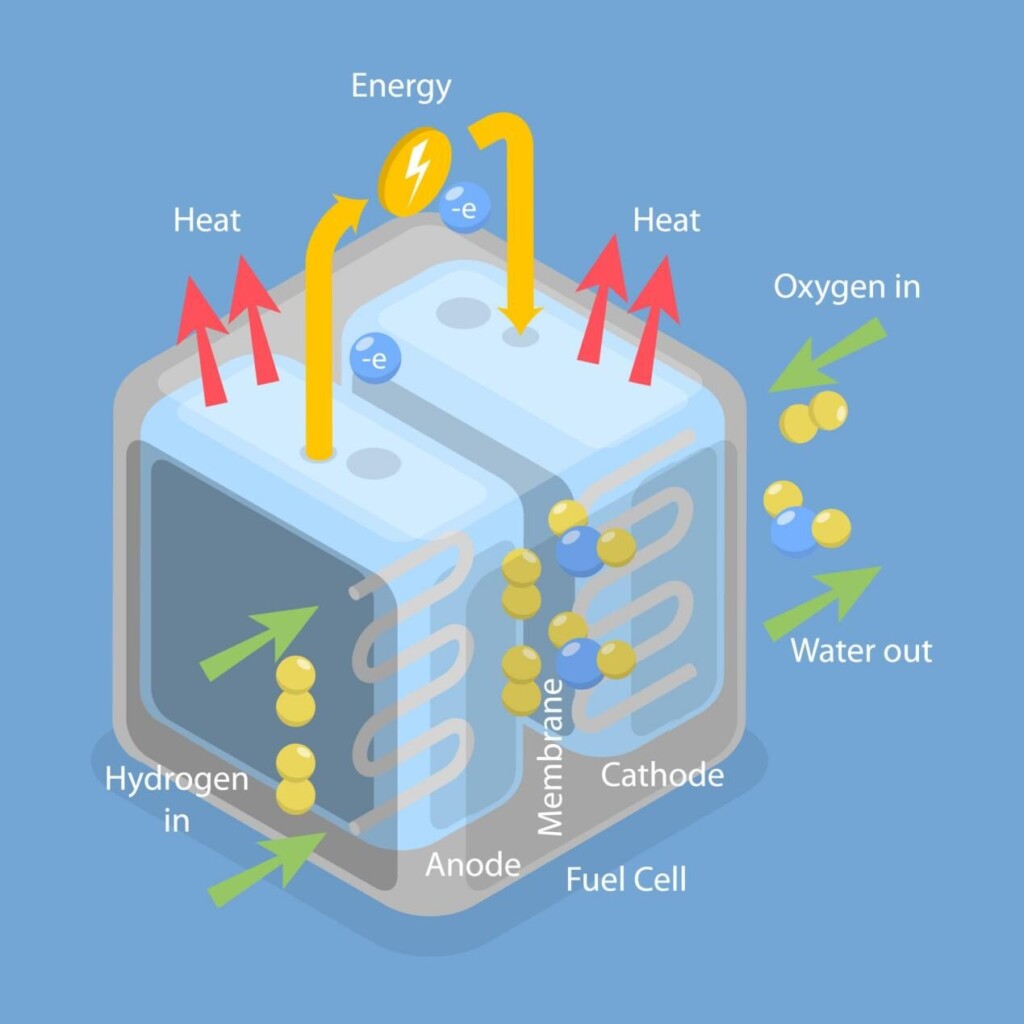 A clear diagram explaining how a hydrogen fuel cell generates electricity through electrochemical reactions between hydrogen and oxygen, producing energy, heat, and water.