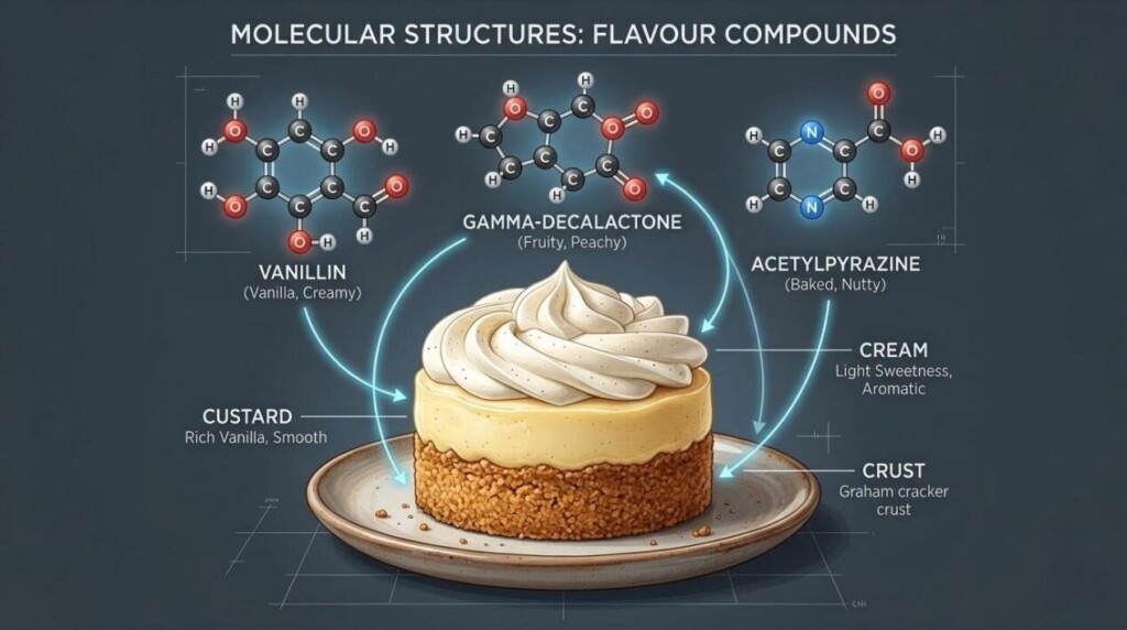 An educational infographic mapping the chemical structures of Vanillin and Acetylpyrazine to the layers of a luxury vanilla custard tart.