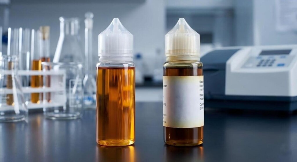 A scientific laboratory comparison showing a fresh, vibrant amber e-liquid bottle next to a darkened, brownish bottle, illustrating oxidative degradation under laboratory assessment.