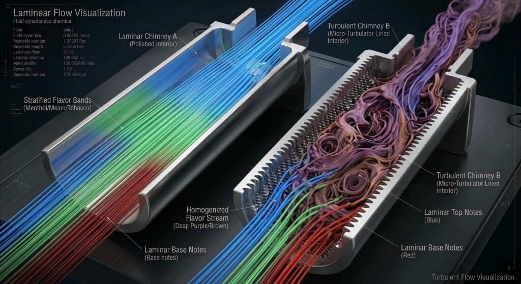 A macro comparison of internal vape tubes illustrating how micro-turbulators homogenize flavor bands compared to polished steel surfaces.