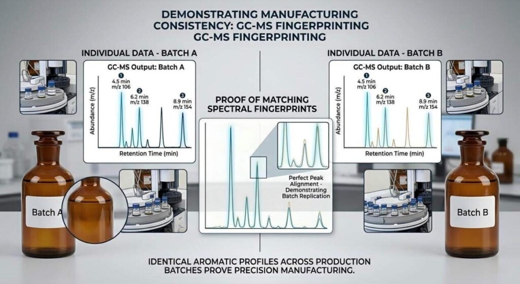 A technical visualization comparing Batch A and Batch B through overlayed GC-MS spectral fingerprints to prove manufacturing replication.