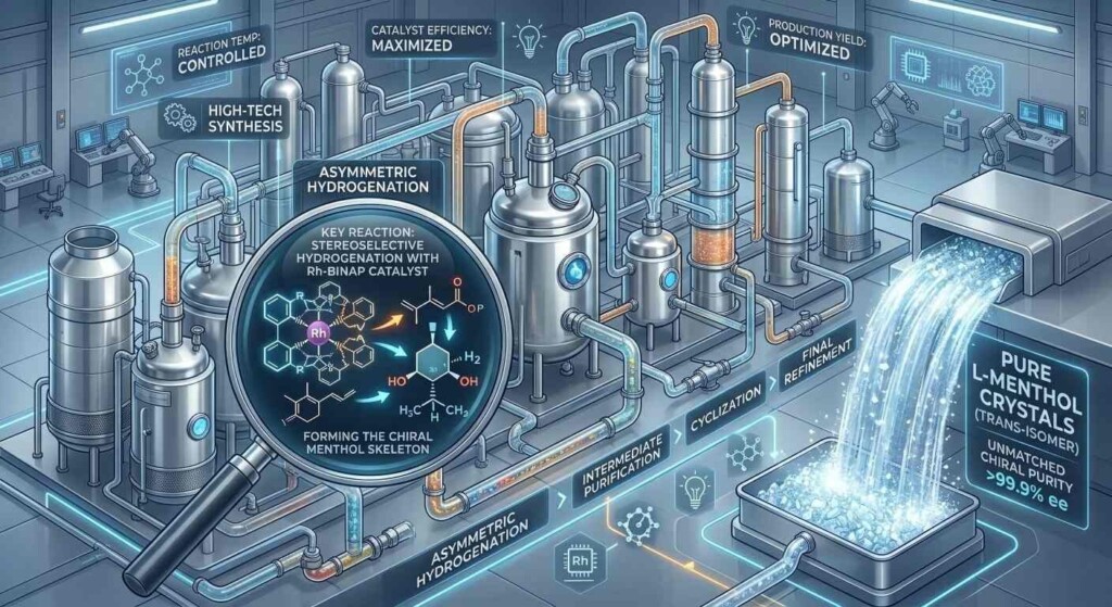 An industrial infographic showcasing the advanced Rh-BINAP catalytic process used to synthesize high-purity chiral menthol.