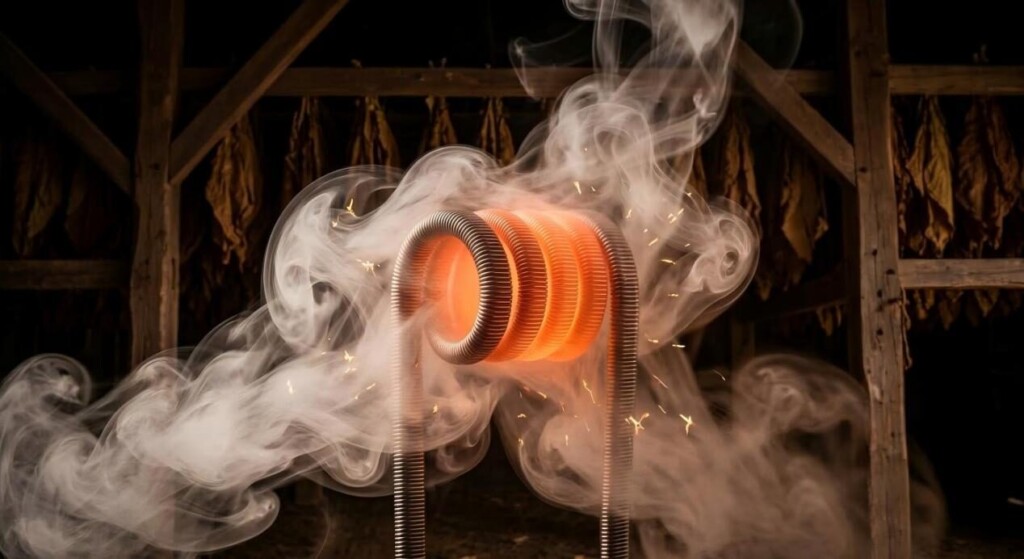 High-detail macro shot of a glowing clapton coil with dense vapor and "spark" elements representing the clove crackle sensation.