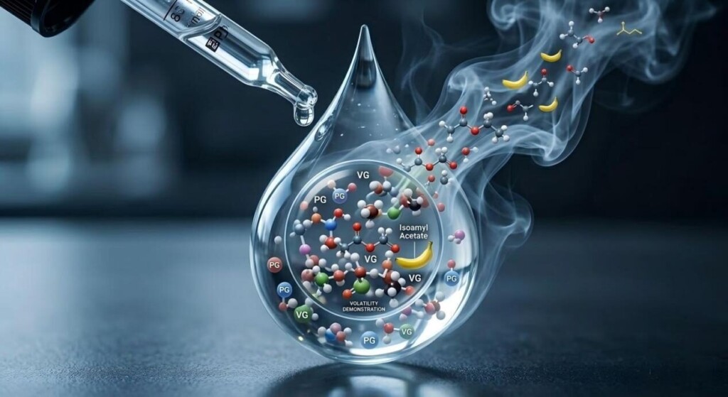 A macro visualization of e-liquid vaporization, showing the high-volatility escape of top-note flavor molecules from a PG/VG base.