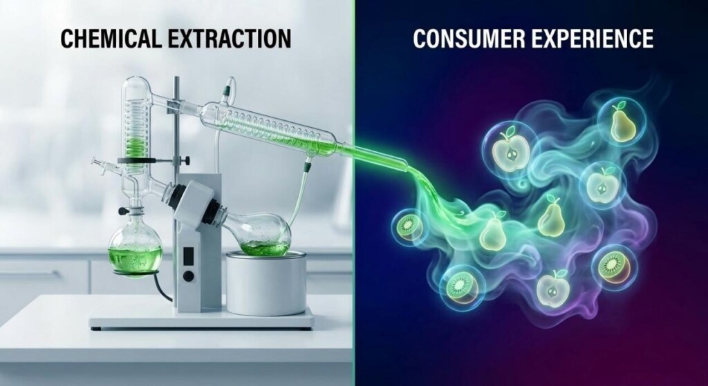 A split-screen image showing traditional distillation on the left in a clean lab, connected by a flowing green liquid to a stylized "Vapor Cloud" on the right containing floating holographic fruit icons (apple, pear, kiwi), representing the transition from chemical extract to consumer experience.