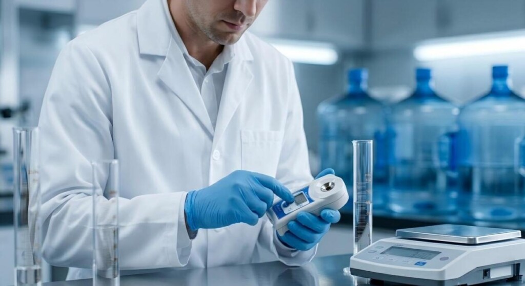 A detailed shot of a technician in a white coat using a digital refractometer and a scale to precisely measure e-liquid density during manufacturing quality control.