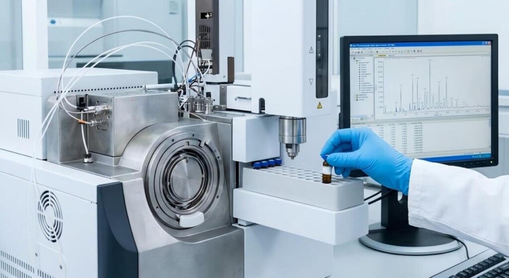 A high-tech shot of a Gas Chromatograph-Mass Spectrometer (GC/MS) analyzing e-liquid samples to ensure chemical safety and regulatory compliance.