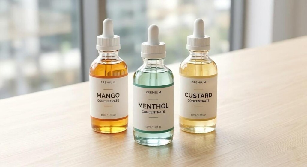 An elegantly arranged studio photograph featuring Mango, Menthol, and Custard e-liquid concentrates with minimalist branding on a light wood surface, signifying finished top-tier vaping products.