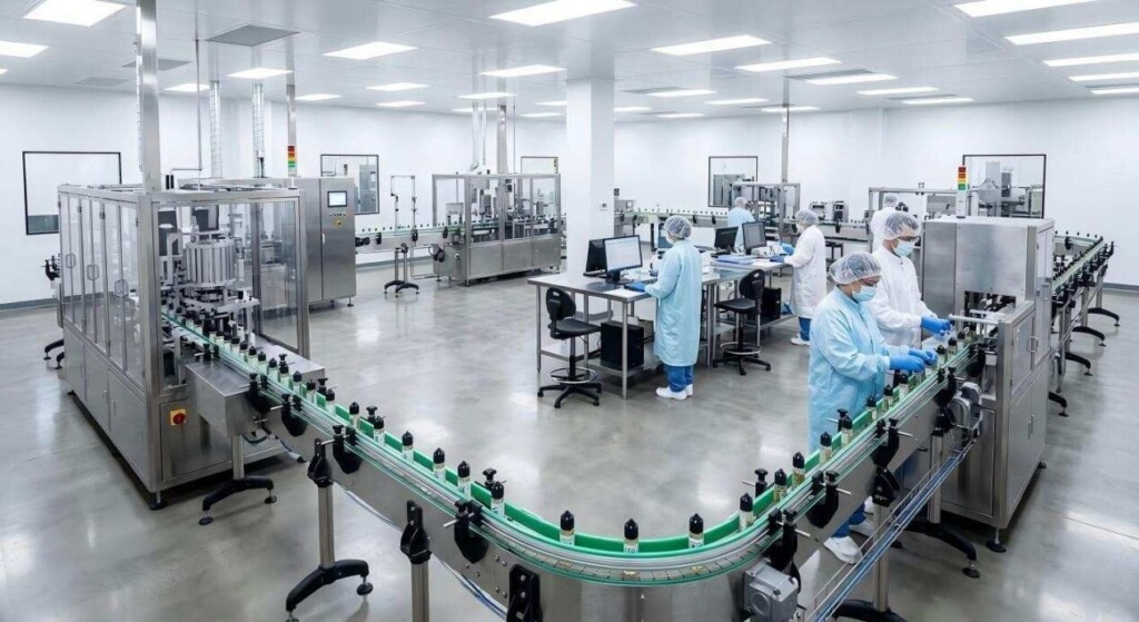 A wide-angle view of a pristine, ultra-modern manufacturing plant featuring automated production lines and technicians in full protective gear.