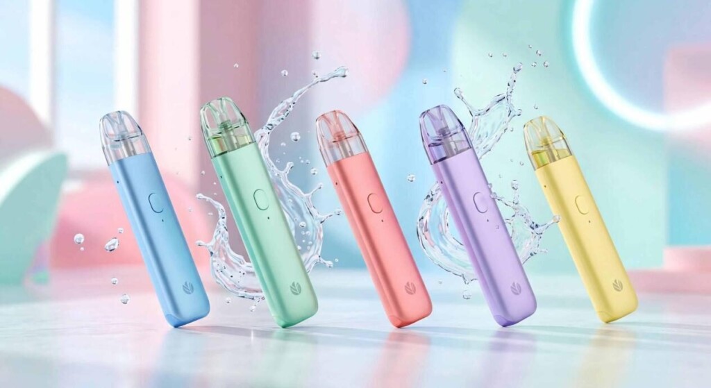 A stylistic, bright composition of sleek minimalist refillable pod devices in pastel colors with dynamic e-liquid splashes.