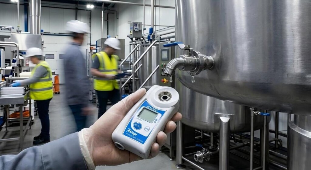 Close-up of a handheld refractometer displaying 1.4355 RI, ensuring batch consistency in a large-scale facility.