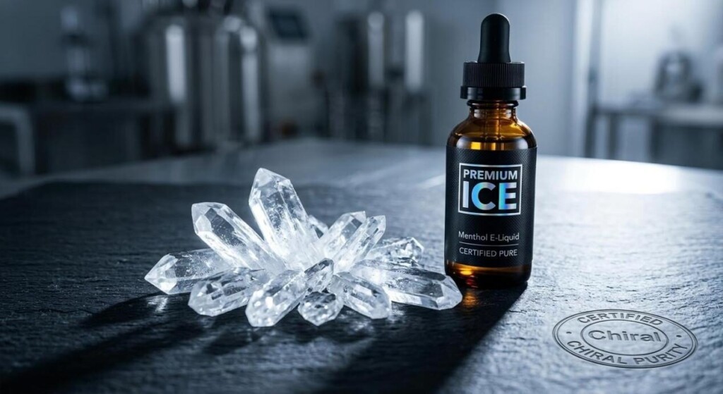 High-purity L-Menthol crystals and premium e-liquid branding, highlighting the importance of certified chiral purity for flavor.