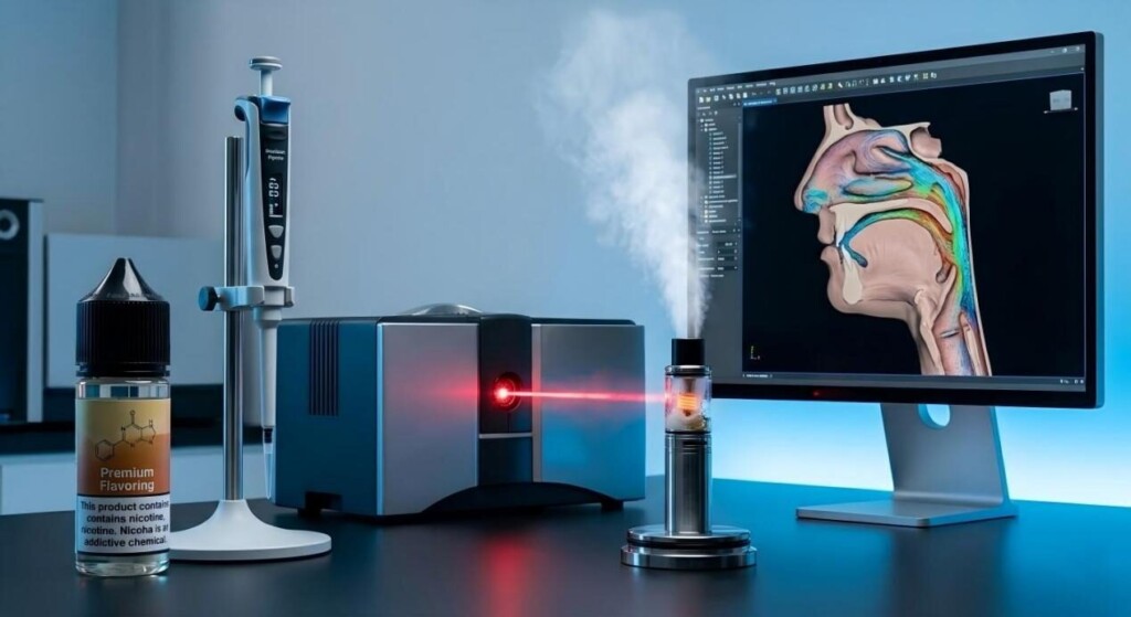 A high-tech laboratory bench featuring a laser-diffraction particle analyzer and 3D airway simulations, representing the intersection of flavor art and aerosol science.