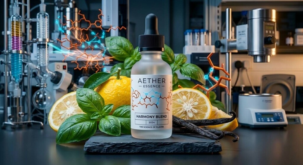 Discover the sophisticated flavor profile of Aether Essence 'Harmony Blend'. This premium e-liquid artistically combines yuzu fruit, fresh basil, and dark vanilla beans. (image_6.png)