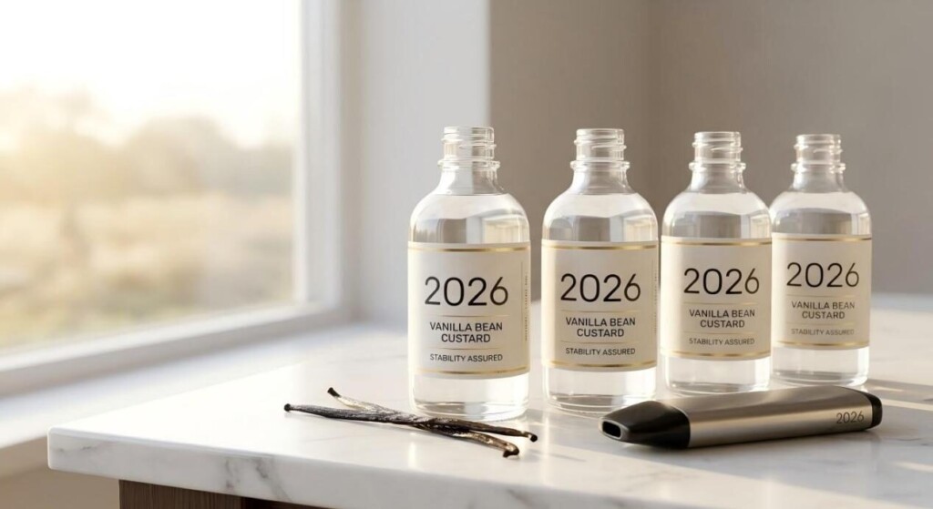A clean, minimalist shot of labeled "2026" glass bottles with a fresh vanilla bean and a modern pod device in soft sunlight.