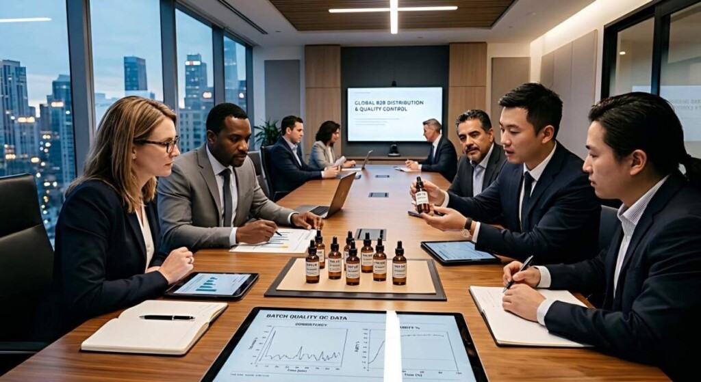 Una reunión de colaboración profesional entre ejecutivos estadounidenses y socios fabricantes chinos para discutir el control de calidad del vapeo y la distribución global.