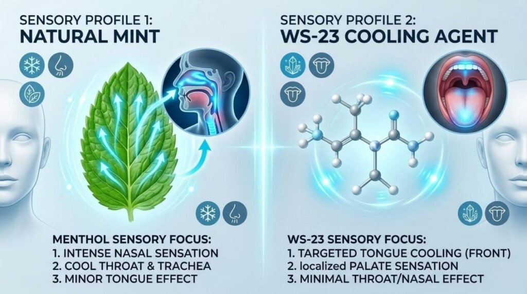 比较指南，说明了天然薄荷醇和 WS-23 清凉剂在电子烟风味开发方面的感官差异。