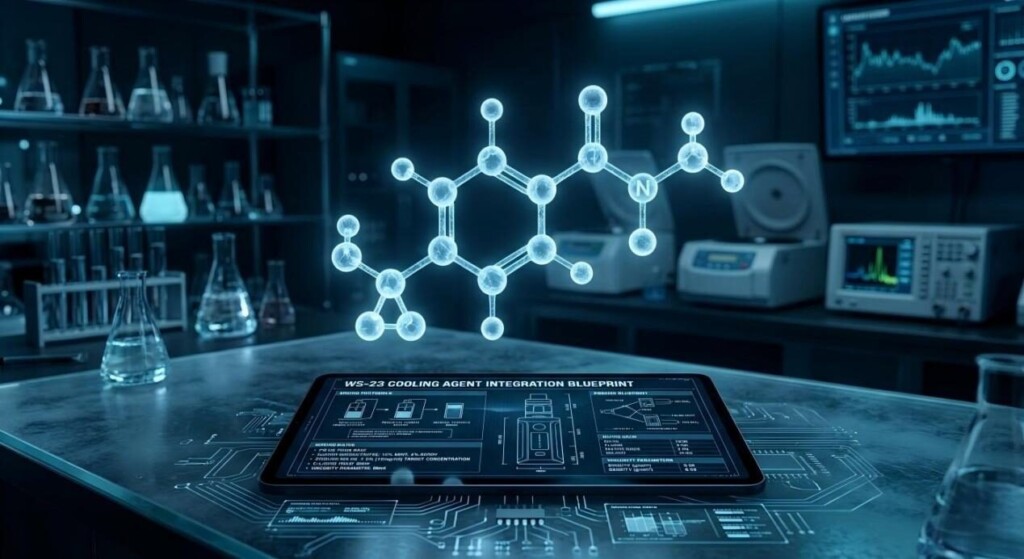 WS-23 冷却化合物的未来派 3D 渲染悬停在带有电子液体蓝图的数字平板电脑上。