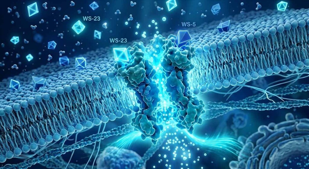 高细节 3D 科学渲染显示 TRPM8 受体与合成清凉剂（如 WS-23 和 WS-5）之间的相互作用。