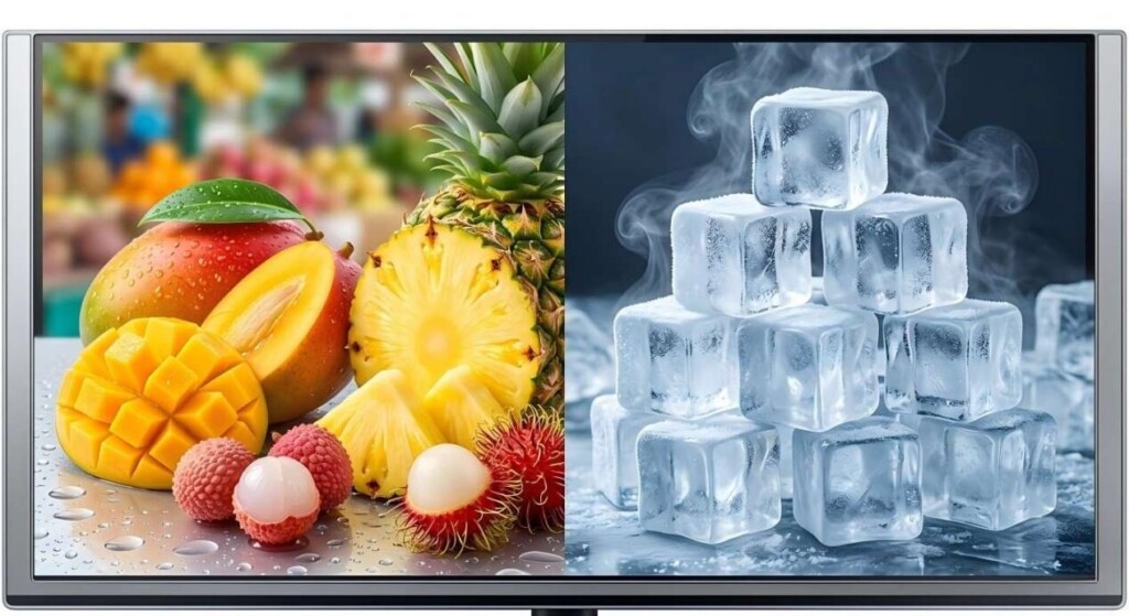 超现实的分体组合物展示了充满活力的热带水果和冰霜覆盖的冰块之间在电子液体配方中的协同作用。