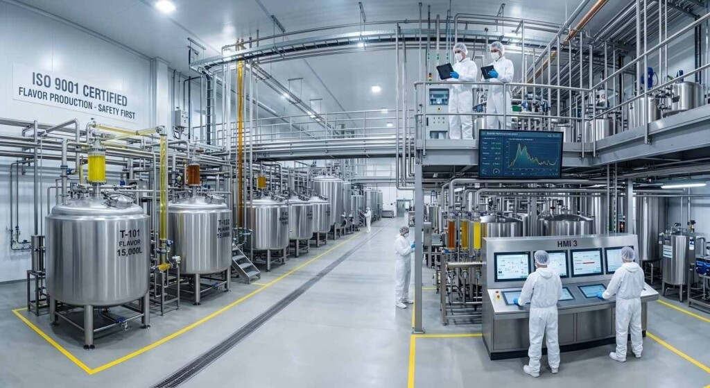 High-resolution view of a modern, ISO-certified flavor manufacturing facility featuring high-capacity homogenization tanks and precision monitoring.