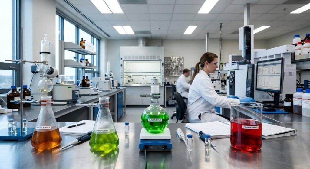 A professional wide shot of a modern flavor chemistry lab featuring glowing beakers and advanced GC-MS monitoring equipment.