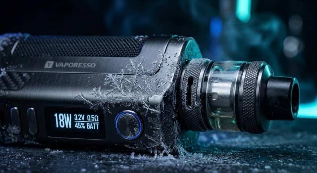 A stunning 8k macro shot of ice crystals forming on a sleek, metallic vape device with neon cyan backlighting.