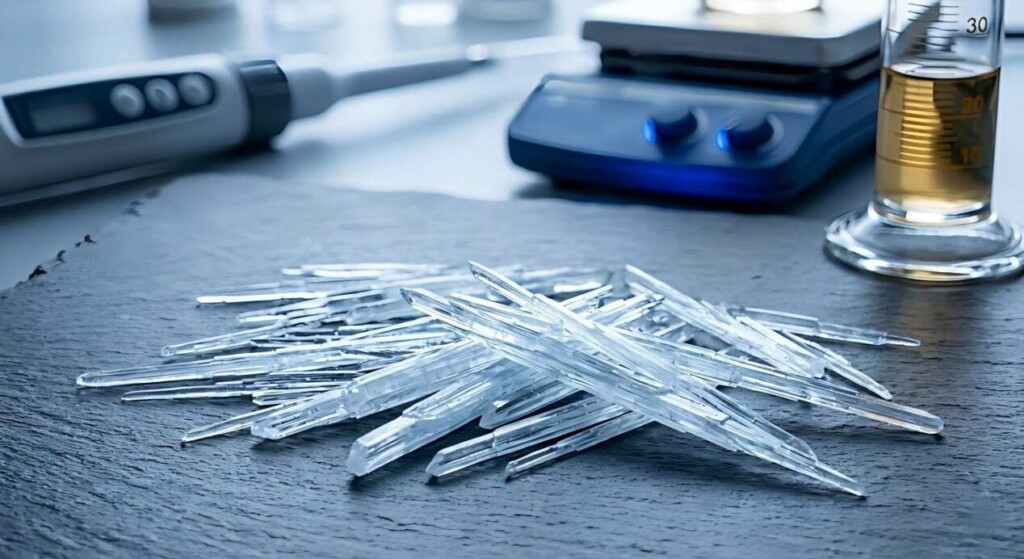 A high-resolution macro shot of needle-like L-menthol crystals on dark slate, emphasizing clinical purity.