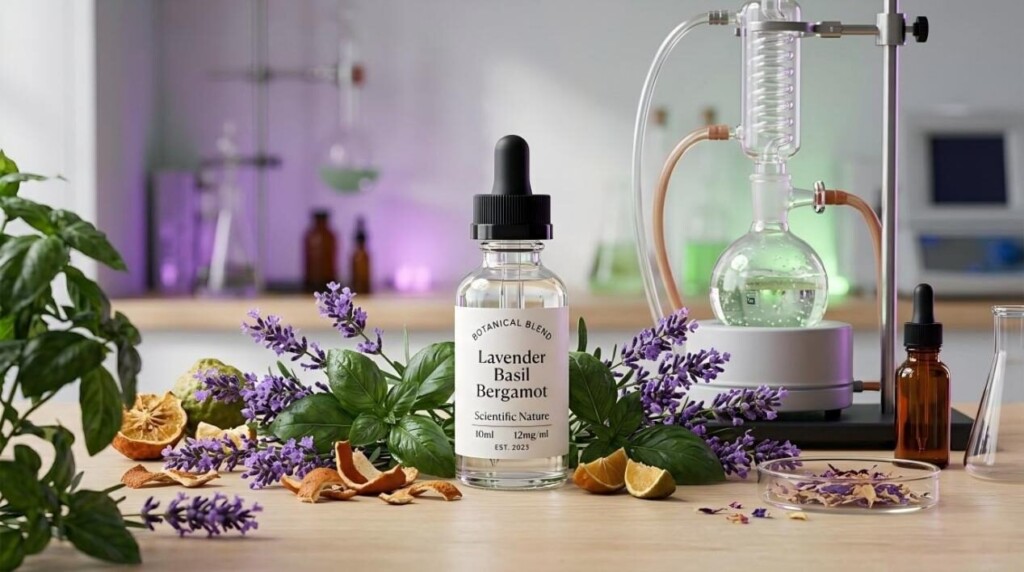 A high-resolution macro shot of a botanical e-liquid lab featuring fresh lavender, basil, and bergamot with clinical glassware.