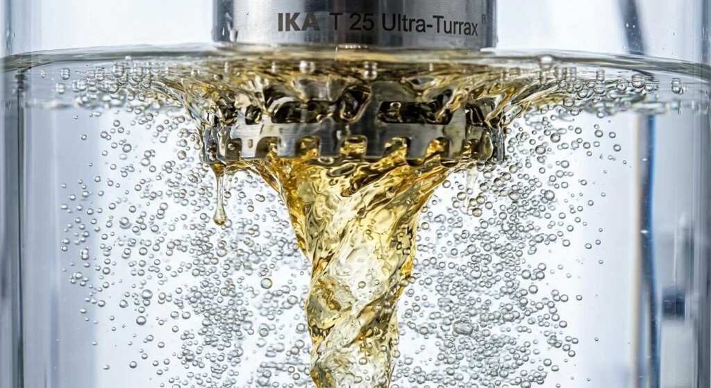 A macro, high-speed photograph capturing the precision of a high-shear rotor-stator head dispersing flavor oil into a Propylene Glycol base.