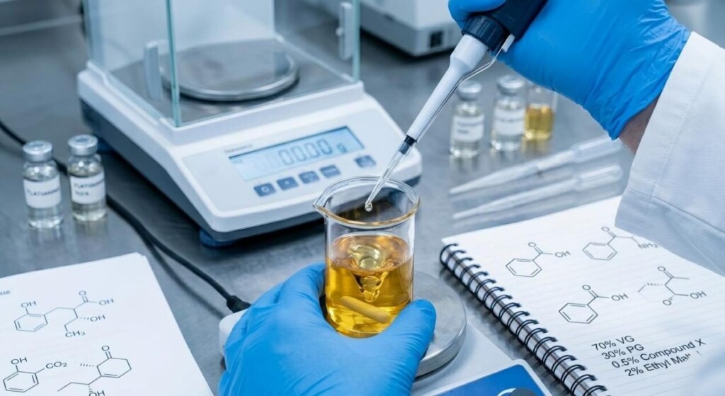 A master flavorist precisely compounding a premium e-liquid formula with professional laboratory equipment.
