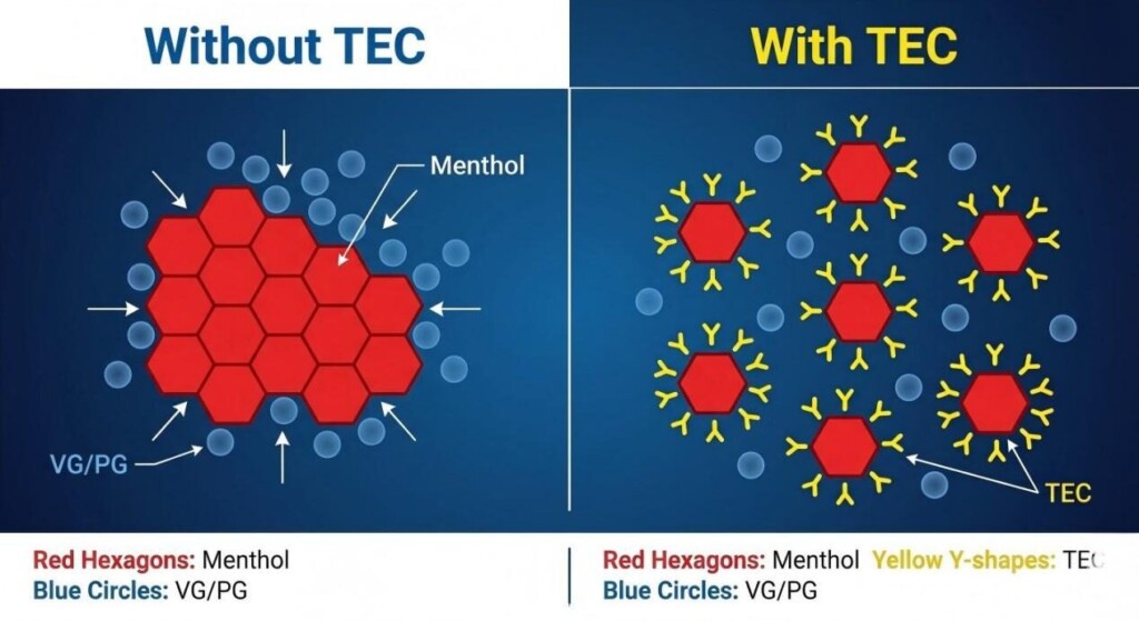 A clean vector diagram showing how TEC molecules prevent menthol clumping in VG/PG e-liquid formulations.