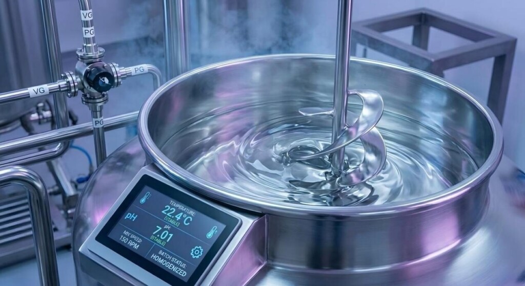 Professional industrial-scale e-liquid blending process featuring precision temperature and pH monitoring for reliable quality.