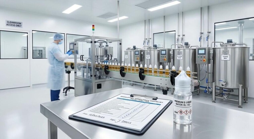 A sterile, modern e-liquid production facility showcasing automated bottling lines, compliance checklists, and pharmaceutical-grade safety standards.