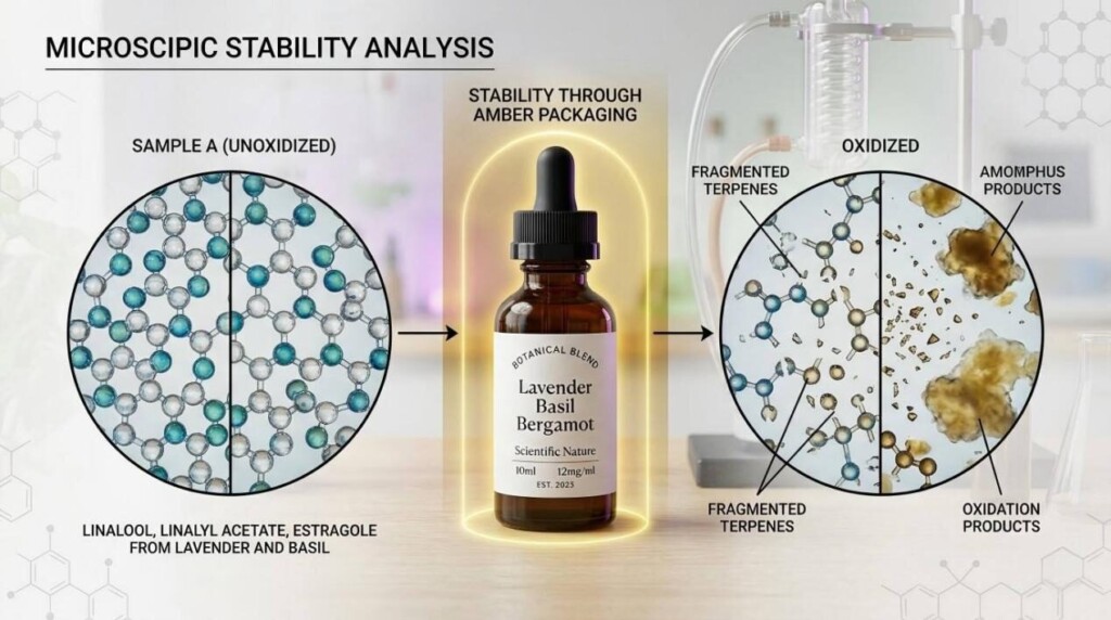 A professional split-screen comparison showing how amber glass prevents molecular oxidation in botanical e-liquids compared to clear glass.