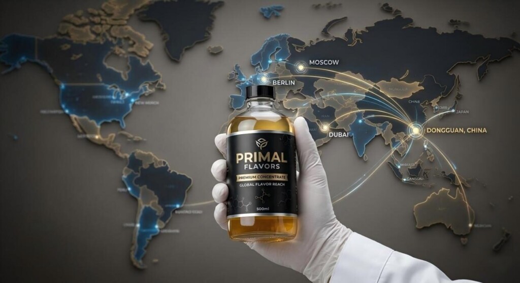 A professional display of premium flavor concentrate, illustrating a global distribution network from Dongguan, China to international hubs.