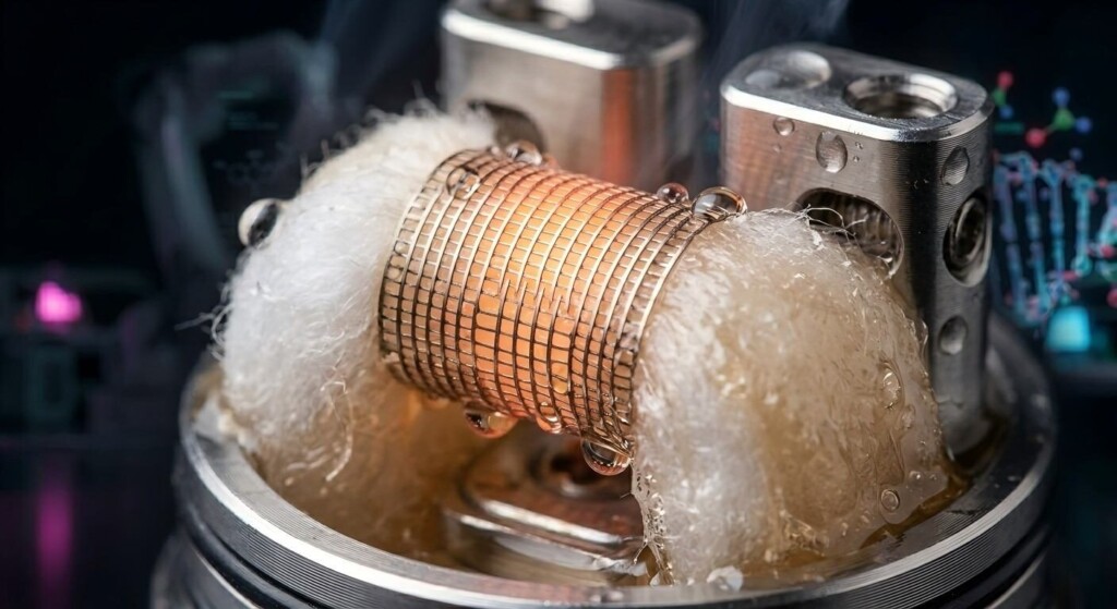 An ultra-sharp macro photograph showing a glowing mesh coil and clear e-liquid wicking into cotton, highlighting the physics of vaporization.
