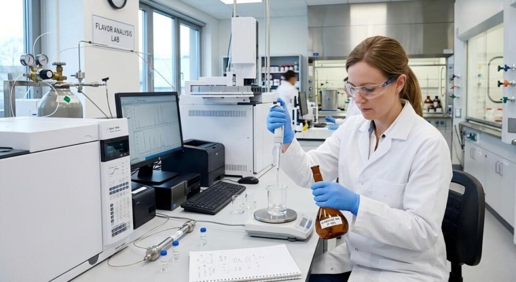 A professional chemist in a sterile laboratory setting using precise equipment to formulate complex flavoring profiles.